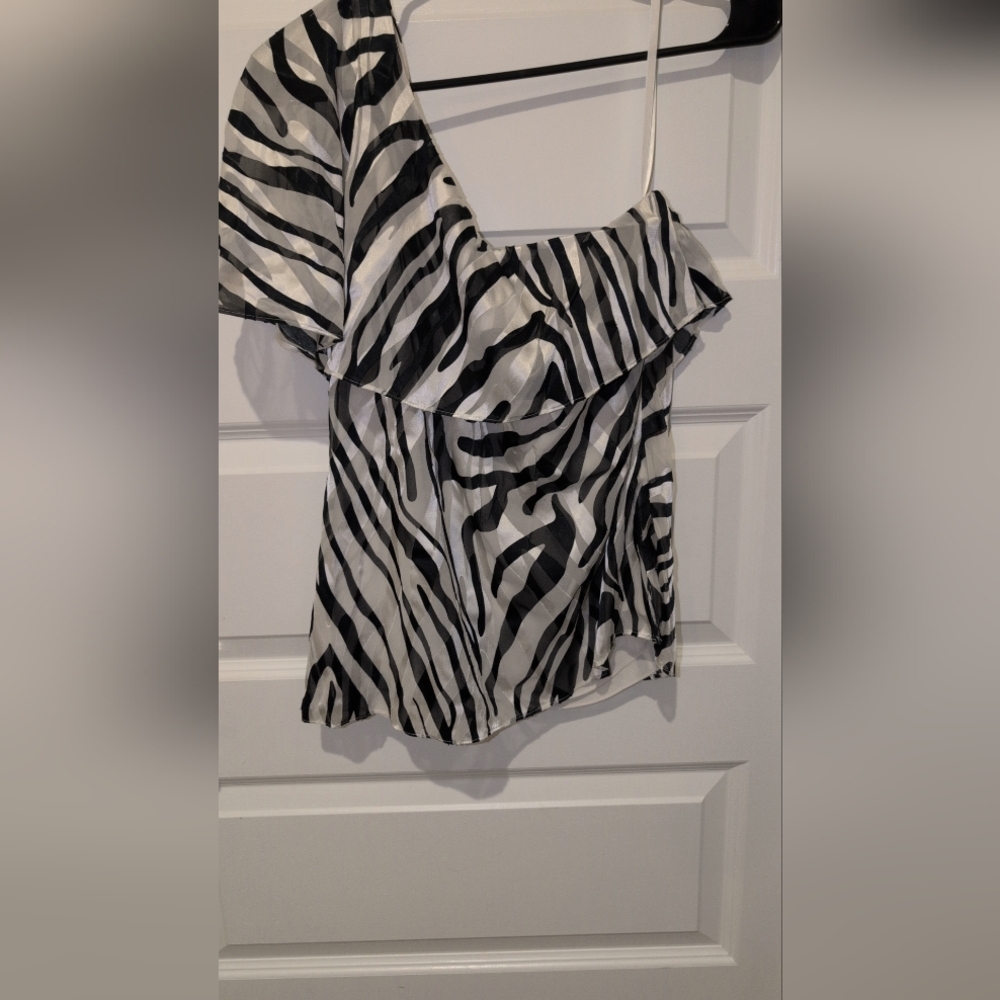 White House Black Market Black and White Zebra Print One-Shoulder Blouse